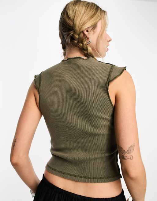 Reclaimed Vintage – Blekt kakifärgad topp med rysch och holkärmar, 3 av 4
