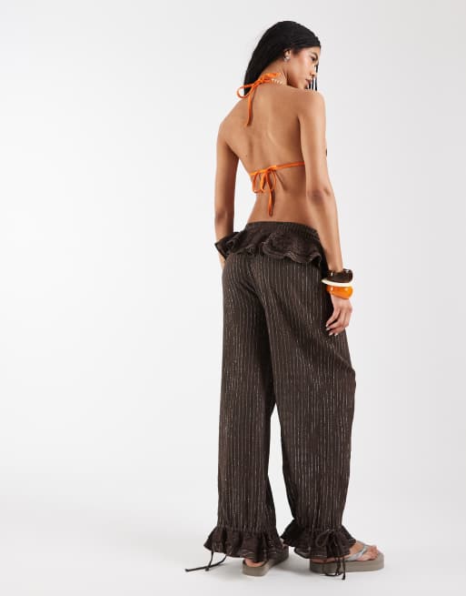 Reclaimed Vintage bloomer beach trousers with lace in brown sparkle, 5 of 5