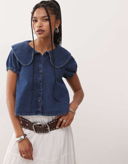 Reclaimed Vintage - Blouse à manches bouffantes et col Claudine - Jean