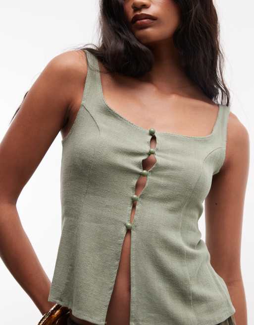 Reclaimed Vintage - Blouse ajustée en lin avec bordures à picots - Kaki, 3 de 4