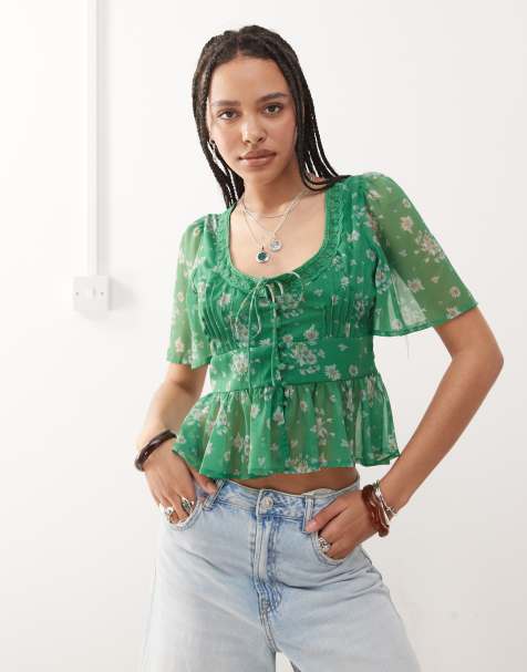 Reclaimed Vintage - Blouse avec col en dentelle et imprimé fleurs - Vert - view 1