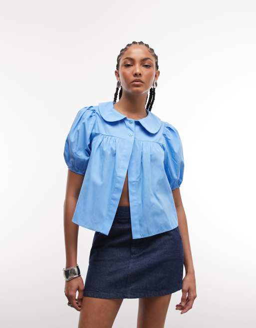 Reclaimed Vintage - Blouse babydoll à manches bouffantes style caban - Bleu