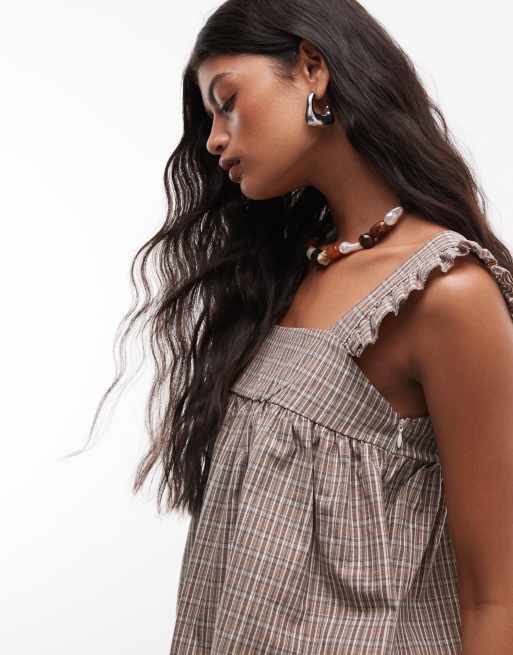 Reclaimed Vintage - Blouse smockée en coton à carreaux - Marron, 3 de 4