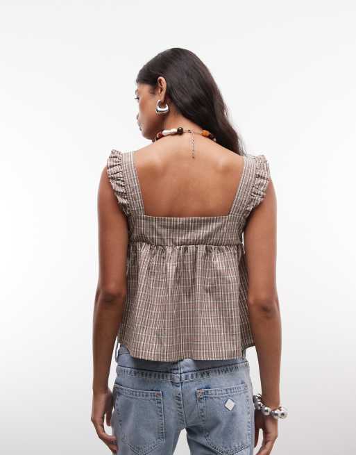 Reclaimed Vintage - Blouse smockée en coton à carreaux - Marron, 4 de 4