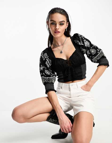 Reclaimed Vintage blouse with contrast stich and embroidery in black - view 1