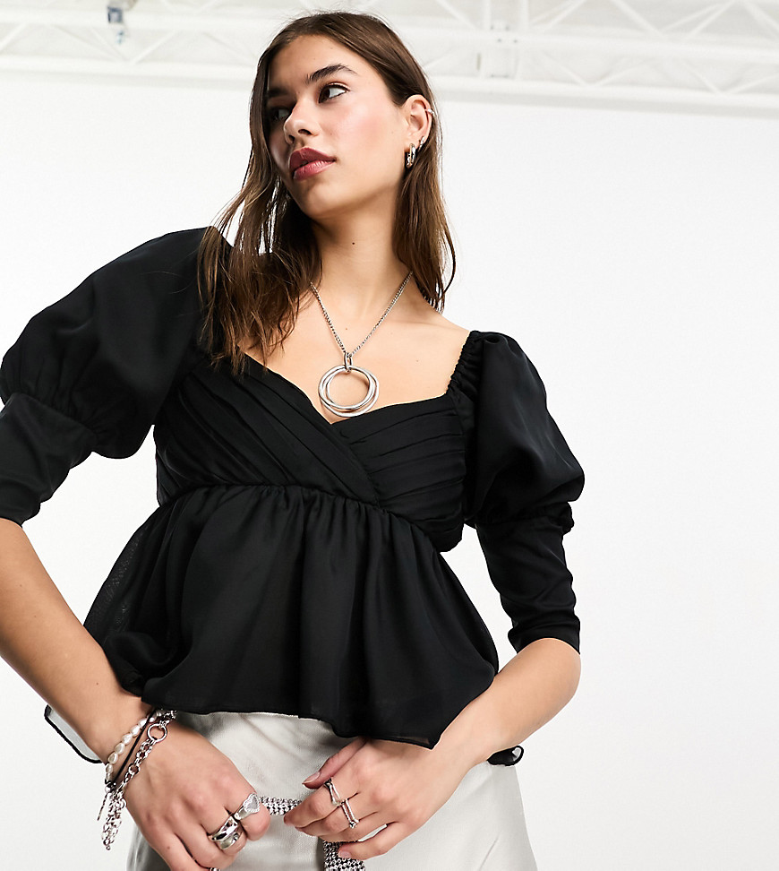 Reclaimed Vintage blouse with puff sleeve and asymmetric hem-Black