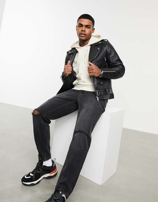 Reclaimed Vintage - Blouson en cuir style motard - Noir, 4 de 4