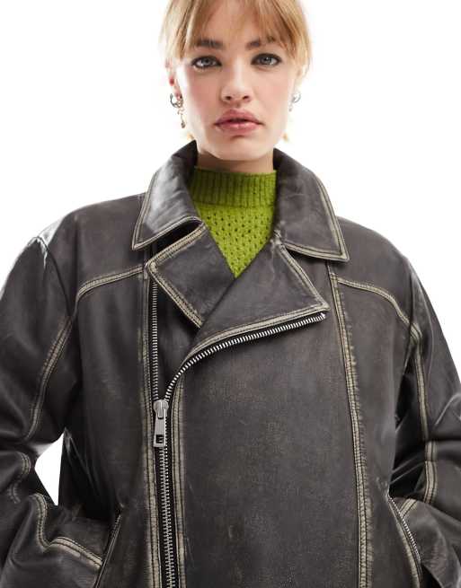 Reclaimed Vintage - Blouson en cuir style motard unisexe délavé, 3 de 4