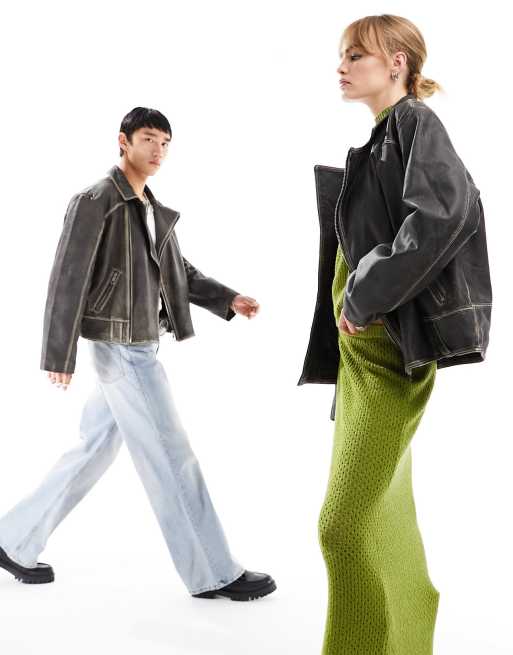Reclaimed Vintage - Blouson en cuir style motard unisexe délavé, 4 de 4