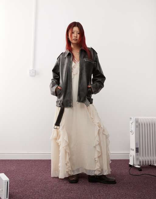 Reclaimed Vintage - Blouson style motard en cuir véritable effet vieilli 