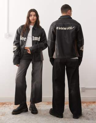 Reclaimed Vintage - Blouson style motard unisexe en imitation cuir - Noir et marron-Brown