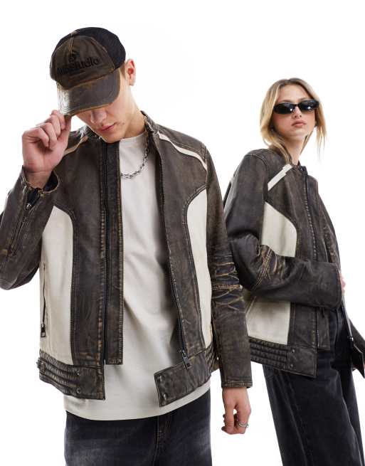 Reclaimed Vintage - Blouson unisexe style motard en cuir véritable - Marron dévalé et écru