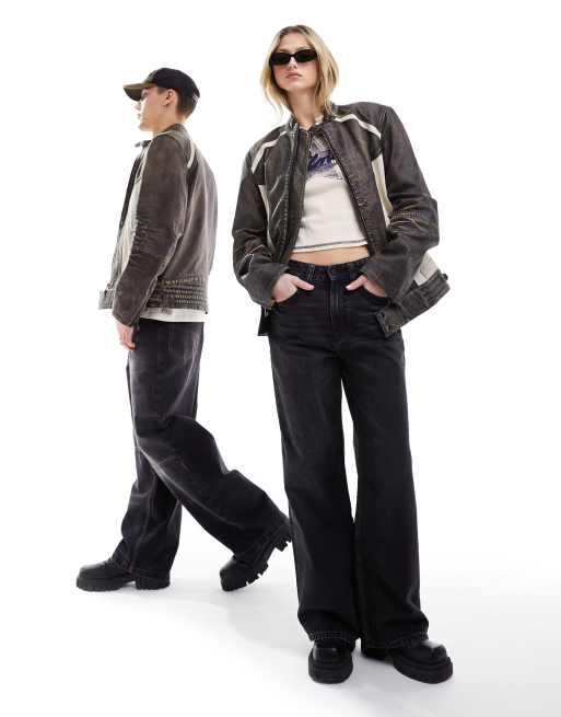 Reclaimed Vintage - Blouson unisexe style motard en cuir véritable - Marron dévalé et écru, 2 de 4