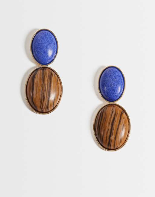 Reclaimed Vintage blue and brown stone stud earrings in gold, 1 of 4