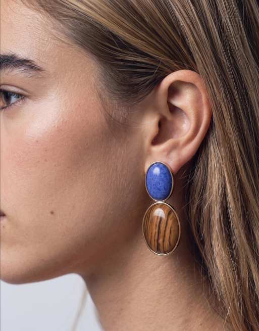 Reclaimed Vintage blue and brown stone stud earrings in gold, 2 of 4