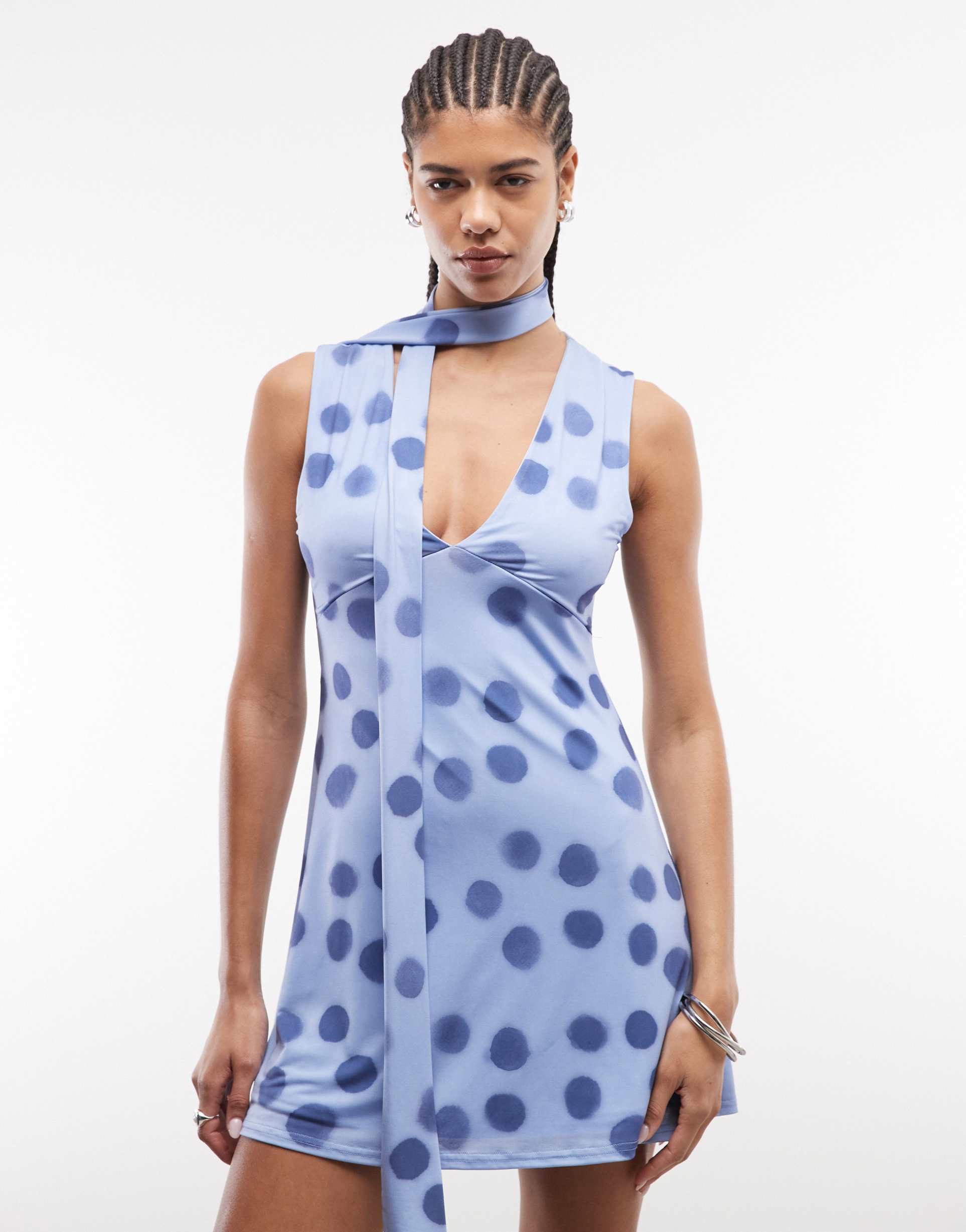 reclaimed vintage blue spot jersey scarf mini dress