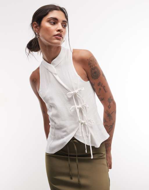 Reclaimed Vintage - blusa de lino con cuello mao en marfil