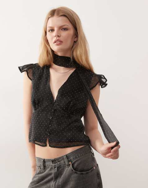 Reclaimed Vintage - Blusa in chiffon nera con decorazioni applicate a caldo e apertura a goccia - view 1