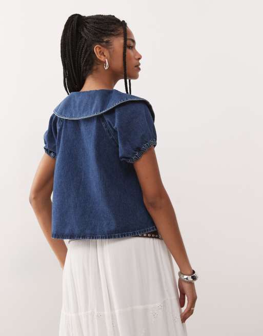 Reclaimed Vintage - Blusa in denim con colletto alla Peter Pan e maniche a sbuffo, 3 di 4