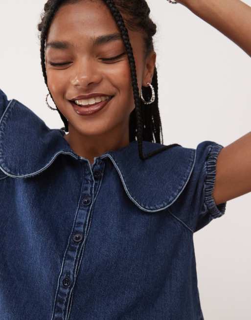 Reclaimed Vintage - Blusa in denim con colletto alla Peter Pan e maniche a sbuffo, 4 di 4