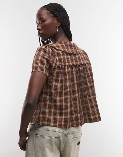 Reclaimed Vintage bluse med Peter Pan-krave i brun tern, 2 af 4