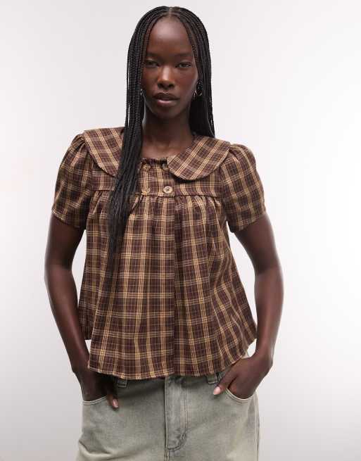 Reclaimed Vintage bluse med Peter Pan-krave i brun tern, 3 af 4