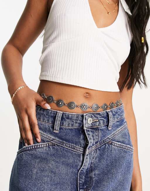 Reclaimed Vintage boho belly chain belt in silver