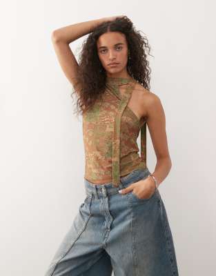 Reclaimed Vintage - Boho halterneck-top med tørklædedesign og fliseprint