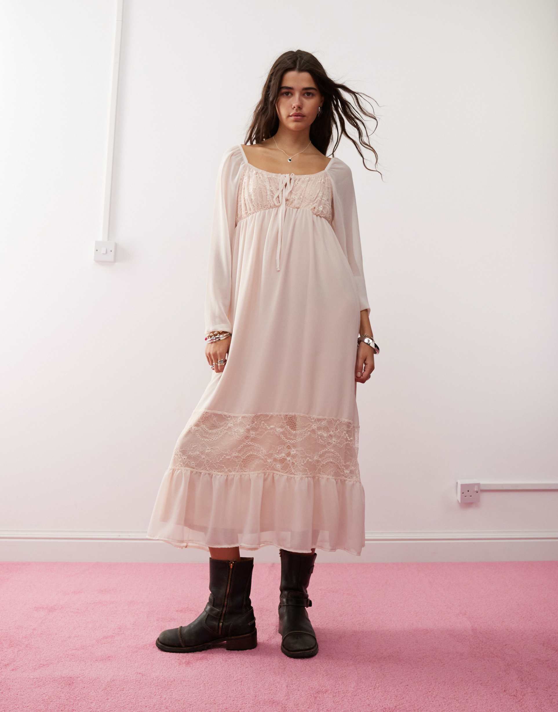 reclaimed vintage boho maxi dress with ruffles in blush