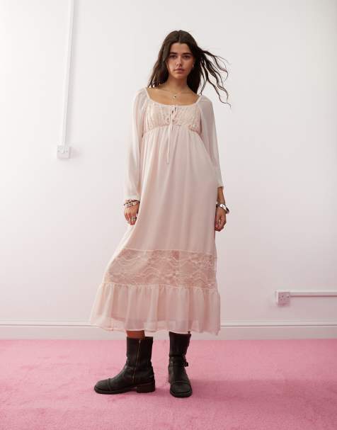 Reclaimed Vintage boho maxi dress with ruffles in pastel pink  - view 1