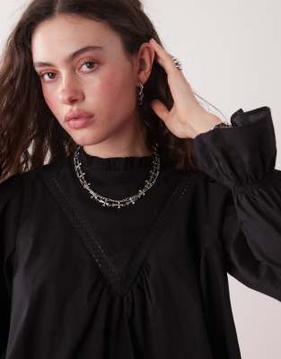 Reclaimed Vintage Boho Top With Volume Sleeves And Lace Inserts-black In Black