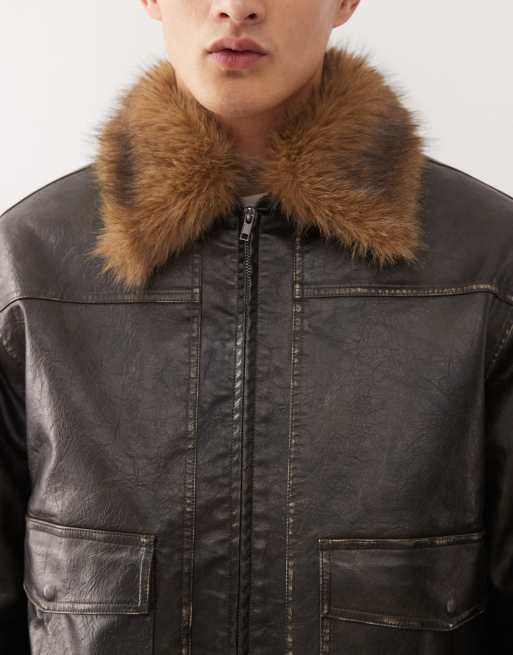 Reclaimed Vintage - Bomber-jakke med læderlook og imiteret pelskrave, 4 af 5