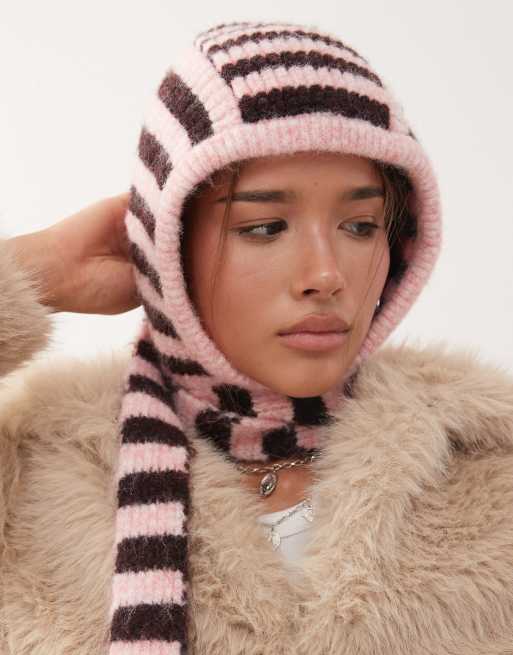 Reclaimed Vintage bonnet in pink and brown stripe with branding tab, 3 of 3