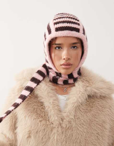 Reclaimed Vintage bonnet in pink and brown stripes with branding tab - view 1