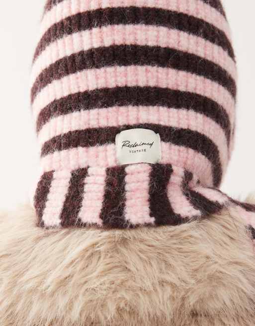 Reclaimed Vintage bonnet in pink and brown stripes with branding tab, 2 of 3