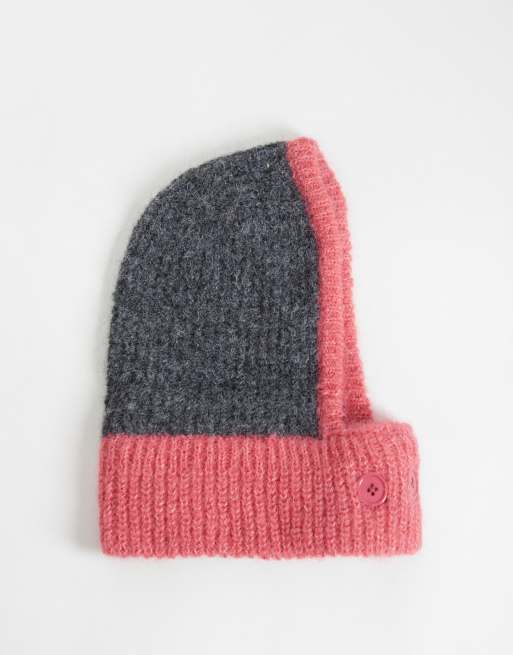 Reclaimed Vintage bonnet met knoopsluiting in grijs en roze, 1 van 3