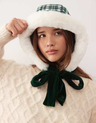Reclaimed Vintage Reclaimed Vintage bonnet with fluffy faux fur in green check with velvet bow-Multi