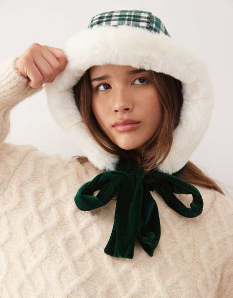 Reclaimed Vintage bonnet with fluffy faux fur in green plaid with velvet bow - view 1
