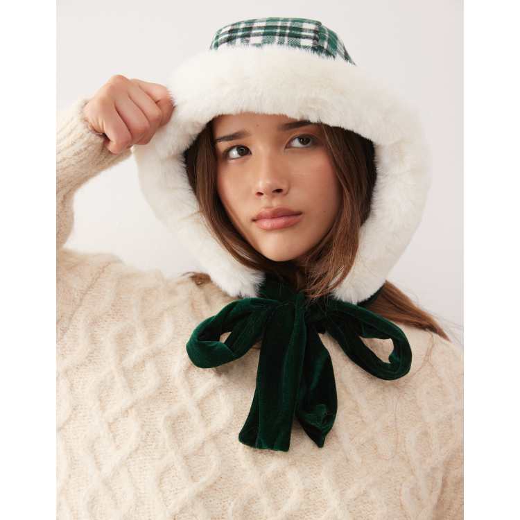 Reclaimed Vintage bonnet with fluffy faux fur in green plaid  display picture 2