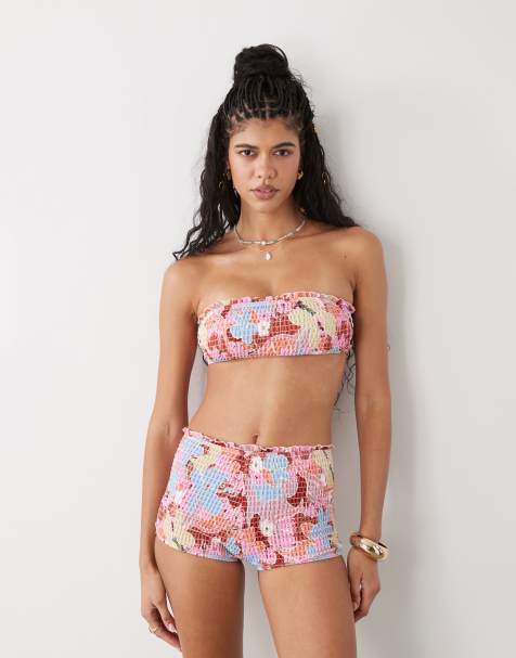 Reclaimed Vintage booty short bikini bottom with shirring sides in retro floral print - view 1