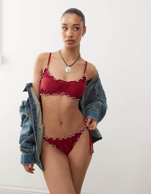 Reclaimed Vintage - Bordeaux bikinitrusser med flæser og bindebånd i siderne