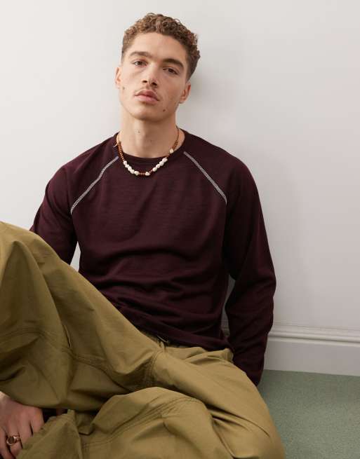 Reclaimed Vintage - Bordeaux T-shirt med lange ærmer og kontraterende sømdetaljer