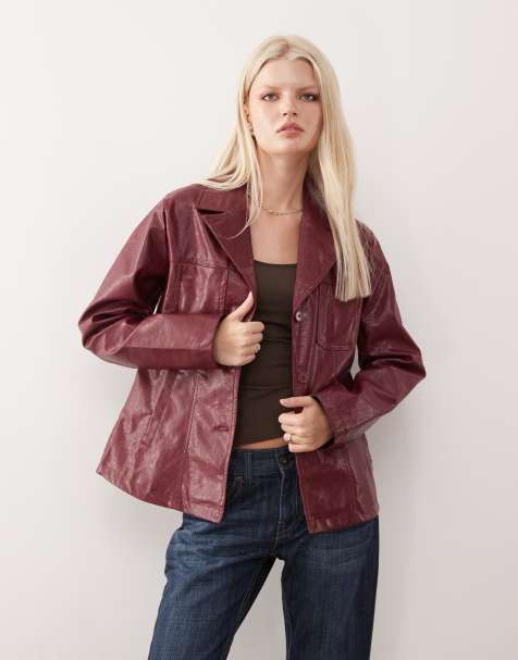 Reclaimed Vintage washed leather look slimmer fit blazer in burgundy