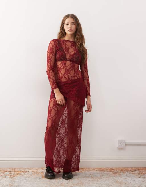 Reclaimed Vintage – Bordowa koronkowa spódnica maxi, część zestawu