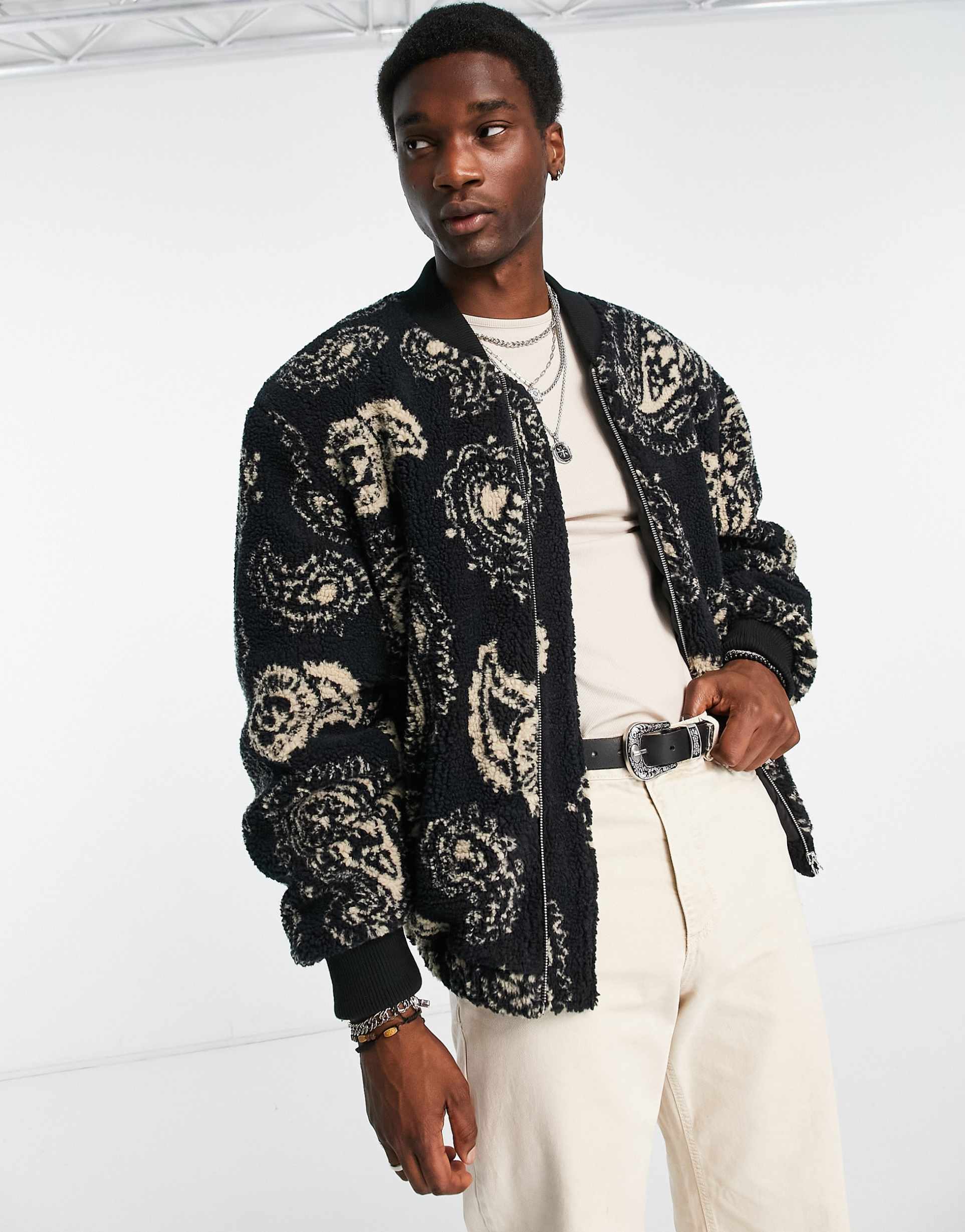 Reclaimed Vintage borg jacquard bomber in black view 2
