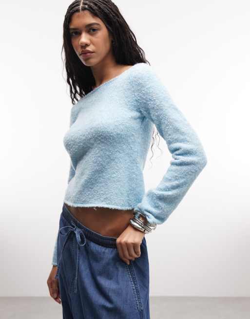 Reclaimed Vintage bouclé textured slash neck knit top in blue