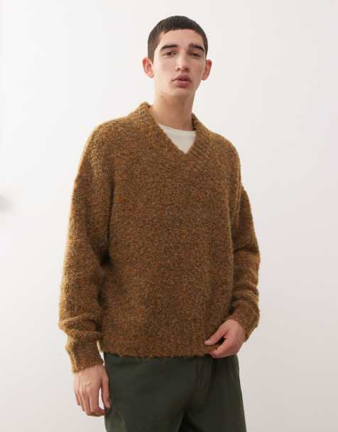 Reclaimed Vintage boucle v-neck boxy jumper in khaki - view 1