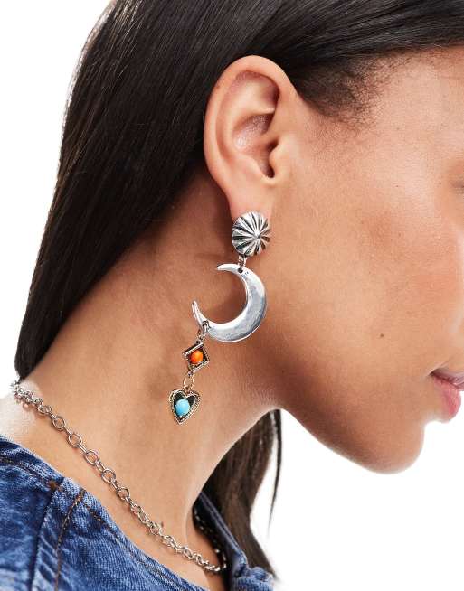 Reclaimed Vintage - Boucles d'oreilles à charms lune et étoile - Argenté poli