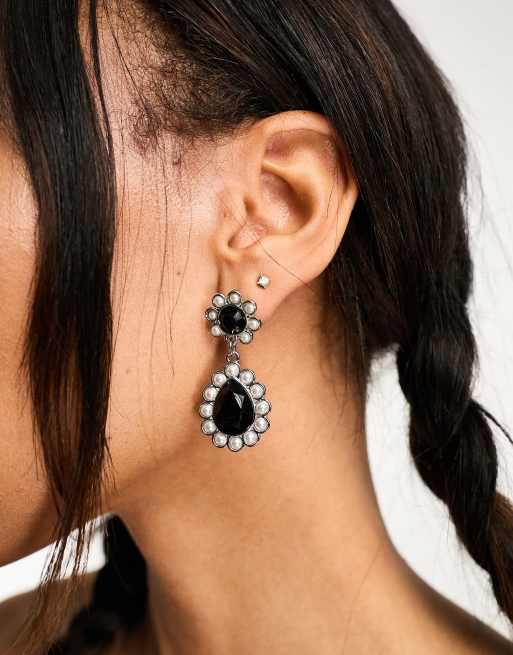 Reclaimed Vintage - Boucles d'oreilles ornées de pierres noires et de perles