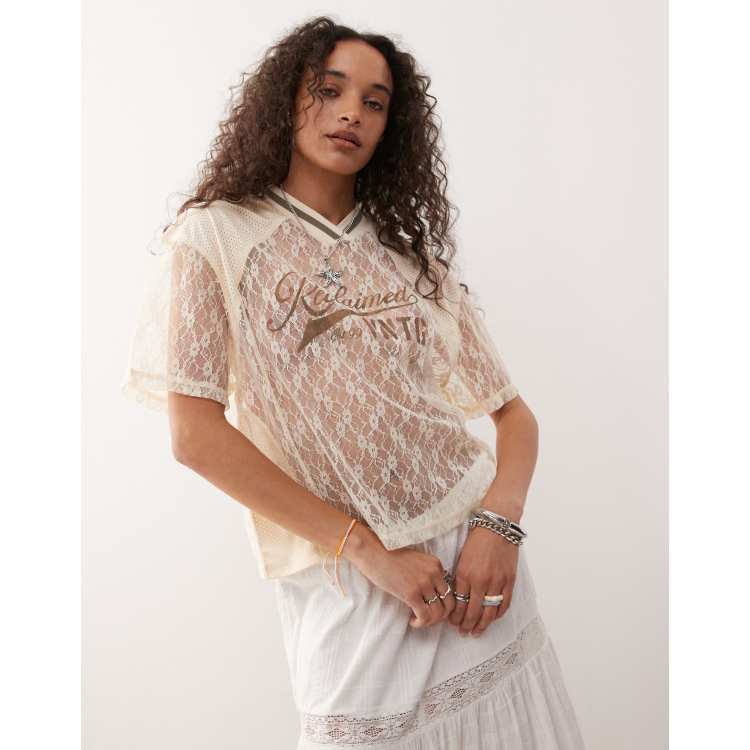 Reclaimed Vintage boxy airtex and lace detail t-shirt in cream | ASOS